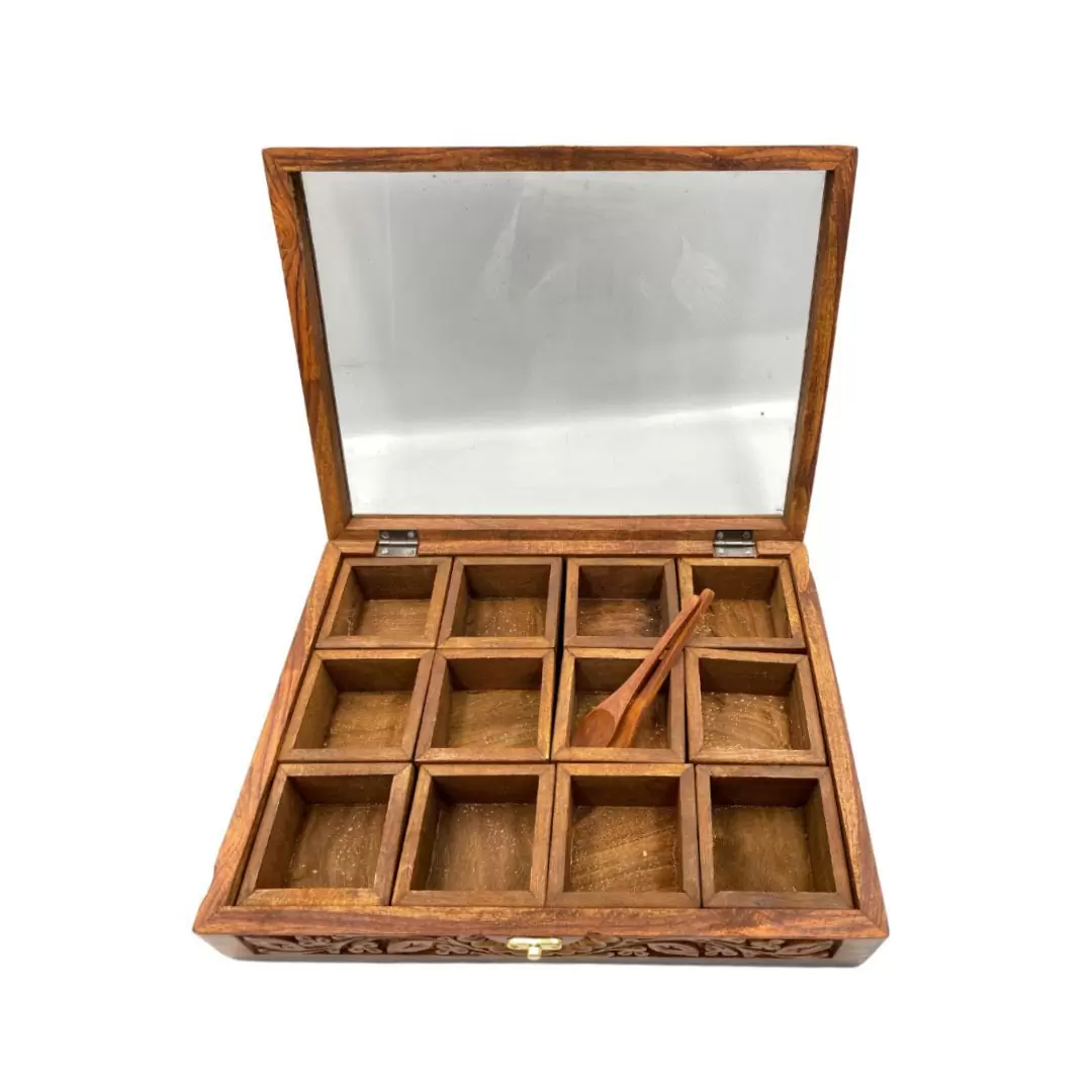 Spice-Container-With-Carving-Work-and-12-Movable-Boxes__.jpg Spice Box – Carving – 12 Moveable Slots - Image 1