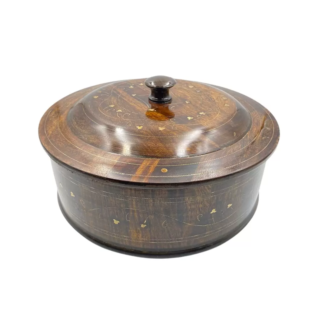 Wooden-Hotpot-topped-With-Brass-Work-Without-Steel-Bowl__.jpg Wooden Hotpot – Brass Work - Image 1